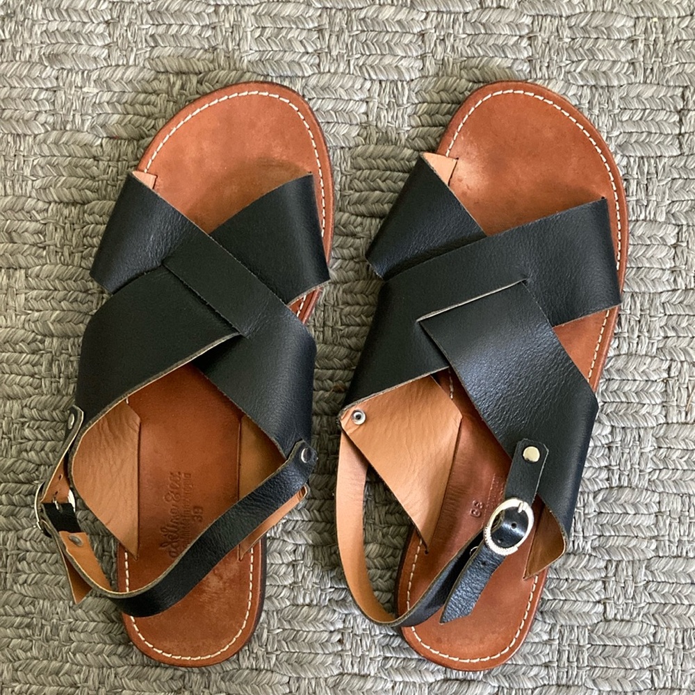 Black and Brown Leather Crisscross Sandals by Adelisa & Co.